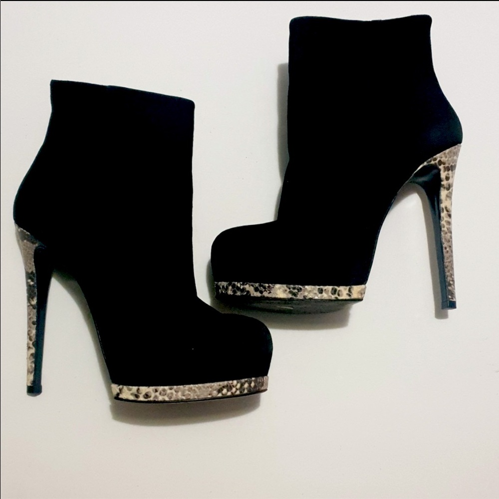 Black Suede Stiletto Boot Snakeskin Print Sole
